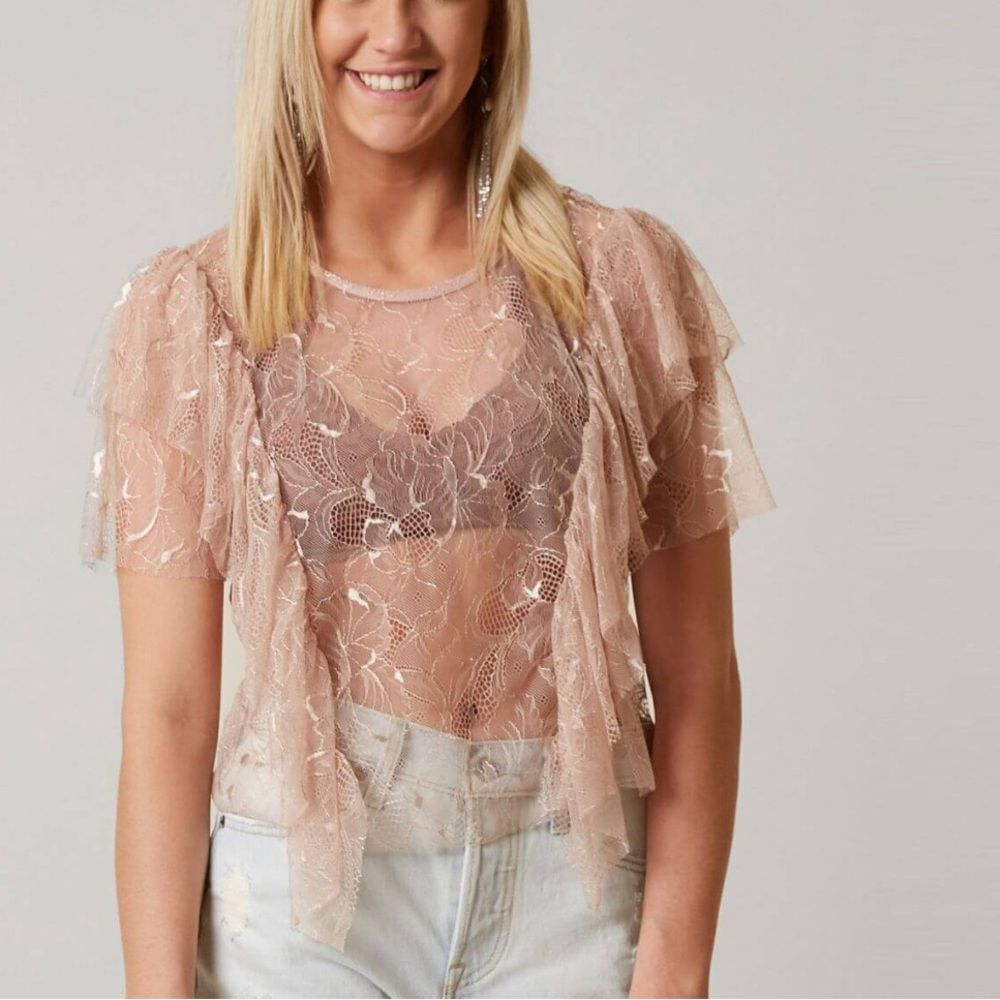 On Twelfth Chic Lace Ruffle Blouse in Mauve